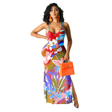 SC Sexy Printed Backless Cross Strap Split Maxi Dress HNIF-025