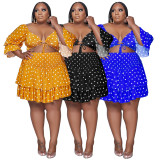 SC Plus Size Dot Print Ruffled Crop Top Mini Skirt 2 Piece Sets NNWF-7637
