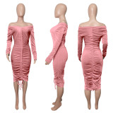 SC Sexy Velvet Drawstring Ruched Long Sleeve Midi Dress HEJ-L999