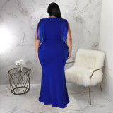 SC Plus Size Solid Tassel V Neck Maxi Evening Dress NNWF-7628