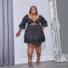 SC Plus Size Dot Print Crop Top Mini Skirt 2 Piece Sets HNIF-018