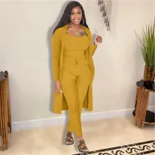 SC Plus Size Solid Ribbed Cami Top+Pants+Long Cloak 3 Piece Sets JRF-3704
