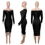 SC Sexy Velvet Drawstring Ruched Long Sleeve Midi Dress HEJ-L999