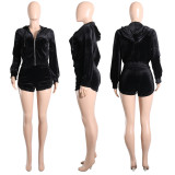 SC Solid Velvet Hooded Zipper 2 Piece Shorts Sets HEJ-8175