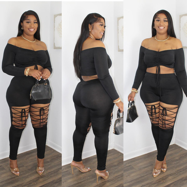 SC Plus Size Long Sleeve Ruched Top+Lace-Up Pants 2 Piece Sets ONY-7030