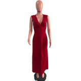 SC Solid V Neck Sleeveless Maxi Evening Dress OMY-81050