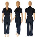SC Plus Size Denim Short Sleeve Flared Jeans Jumpsuit LX-3532