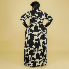 SC Plus Size Printed V Neck Long Sleeve Maxi Dress OSIF-22466