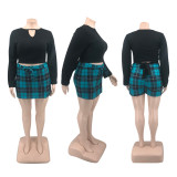 SC Plus Size Long Sleeve Top+Plaid Mini Skirt Two Piece Sets PHF-13296