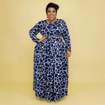 SC Plus Size Printed Long Sleeve Maxi Skirt 2 Piece Sets OSIF-22457