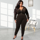 SC Plus Size Velvet Hooded Zipper Two Piece Pants Sets OSIF-22472