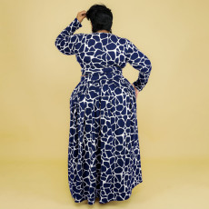 SC Plus Size Printed Long Sleeve Maxi Skirt 2 Piece Sets OSIF-22457