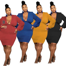 SC Plus Size Letter B Print V Neck Long Sleeve Ruched Bodycon Dress OUQF-359