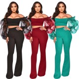 SC Sexy Off Shoulder Organza Sleeve Two Piece Pants Sets QZYD-1154