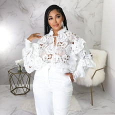 SC White Lace Hollow Out Lace-Up Blouse Top YF-10200