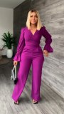 SC Solid V Neck Flare Sleeve Two Piece Pants Sets QYF-5109