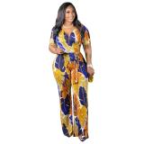 SC Plus Size Printed V Neck Short Sleeve Sahes Jumpsuit ME-6061