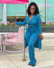 SC Plus Size Solid Long Sleeve Coat+Pants 2 Piece Sets NYF-8119