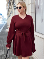 SC Plus Size Solid Long Sleeve Sashes Mini Dress ONY-2151