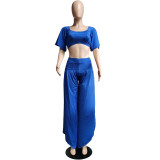 SC Plus Size Solid Crop Top+Wide Leg Pants+Safety knickers 3 Piece Sets WAF-7206