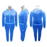 SC Plus Size Velvet Hooded Zipper Coat Pants 2 Piece Sets ME-6092