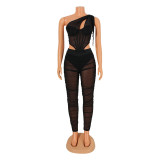SC Fashion Sexy Mesh Perspective Irregular Top And Pants Two Piece Set GOSD-OS6374