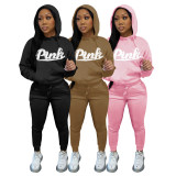 SC Pink Letter Fleeced Hoodie Two Piece Pants Sets DDF-88185