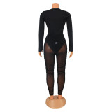 SC Sexy V-Neck Long Sleeve Bodysuits Mesh Pants 2 Piece Set GOSD-OS6352