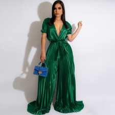 SC Sexy V Neck Pleated Wide Leg Sashes Jumpsuit MUE-7622