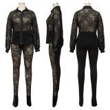 SC Black Sexy Lace Patchwork Long Sleeve 2 Piece Pants Sets YF-10214