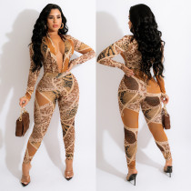 SC Printed Long Sleeve V-Neck Bodysuit And Pants Two Piece Set GOSD-OS6501