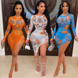 SC Sexy Mesh Print Long Sleeve Bodysuits And Skirt Two Piece Set GOSD-OS6312