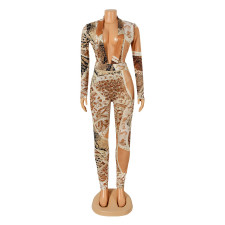 SC Printed Long Sleeve V-Neck Bodysuit And Pants Two Piece Set GOSD-OS6501