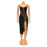 SC Sexy Sling Mesh Splice Hot Diamond Slit Dress GOSD-OS6647