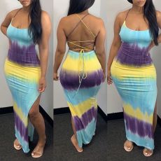 SC Gradient Print Backless Lace-Up Slit Sexy Dress GWDS-6144