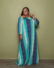 SC Plus Size Contrast Color Off-Shoulder Print Maxi Dress GWDS-211115