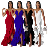 SC Sexy V Neck Backless Cross Strap Ruffled Maxi Evening Dress YF-10234