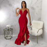 SC Sexy V Neck Backless Cross Strap Ruffled Maxi Evening Dress YF-10234