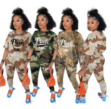 SC Camo Pink Letter Print Casual 2 Piece Pants Sets MX-9158