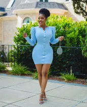 SC Plus Size Solid Puff Sleeve Slim Mini Dress OM-1385