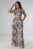 SC Leopard Print Short Sleeve Wide Leg Pants 2 Piece Sets XMY-9388