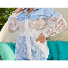 SC Sexy Denim Lace Patchwork Drawstring Long Sleeve Shirt ZSD-0497