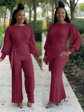 SC Plus Size Lantern Sleeve Sashes Top And Pants 2 Piece Sets NYF-8120