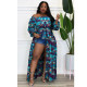 SC Plus Size Printed Long Sleeve High Split Sashes Maxi Dress NNWF-7643