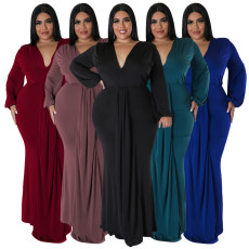SC Plus Size Solid V Neck Long Sleeve Maxi Evening Dress NNWF-7662