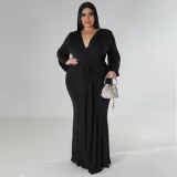 SC Plus Size Solid V Neck Long Sleeve Maxi Evening Dress NNWF-7662
