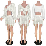 SC Sexy Bow Tie Crop Top+Tassel Shorts 2 Piece Sets MDF-5331