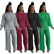SC Plus Size Lantern Sleeve Sashes Top And Pants 2 Piece Sets NYF-8120