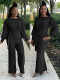 SC Plus Size Lantern Sleeve Sashes Top And Pants 2 Piece Sets NYF-8120