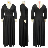SC Plus Size Solid V Neck 3/4 Sleeve High Waist Evening Dress NNWF-7670